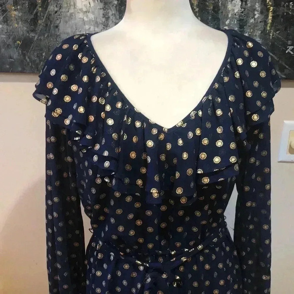 NWT Michael Kors Navy Blue/ Gold Floral Pattern Belted Tie Waist Ruffle Dress-M - Picture 5 of 12